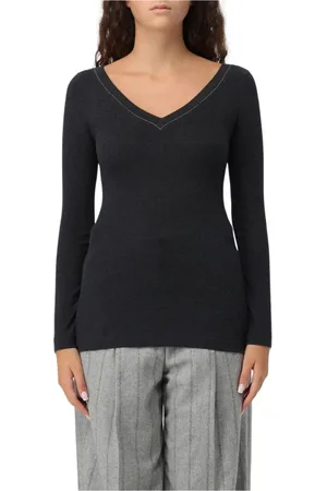 Brunello Cucinelli Tops, Dames, Zwart, S, Houtskool V-hals Pullover