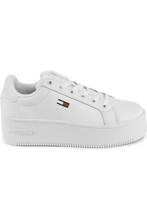 Tommy Hilfiger Schoenen, Dames, Wit, 37 EU, Leer, Witte Leren Sneaker met Polyurethaan Details