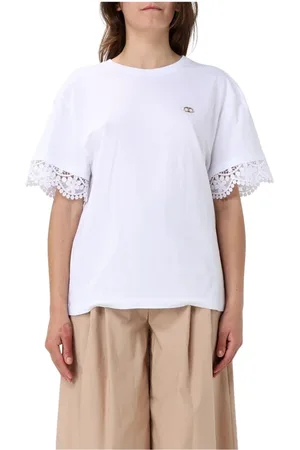 Twin-Set Tops, Dames, Wit, L, Katoen, Zwart Kant Korte Mouw Top