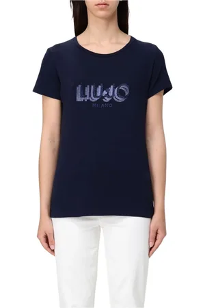 Liu Jo Tops, Dames, Blauw, S, Katoen, Versierd Logo Tee in Blauw