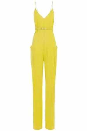 Elisabetta Franchi Jumpsuits & Playsuits, Dames, Geel, L, Leer, Gele Crêpe Jumpsuit met V-hals