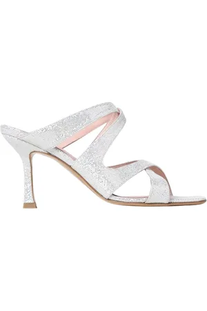 ANNA F. Schoenen, Dames, Grijs, 36 EU, Leer, Zilver Glitter Hakken Sandalen