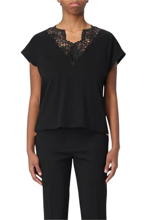 Twin-Set Tops, Dames, Zwart, S, Katoen, Witte Kant V-Hals Top