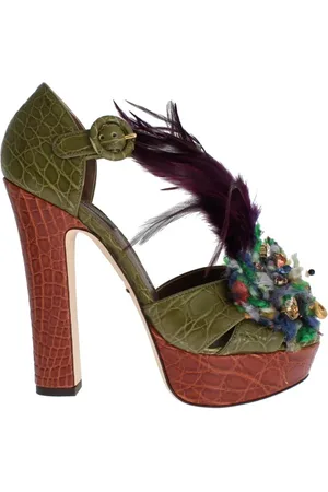 Dolce & Gabbana Schoenen, Dames, Groen, 38 1/2 EU, Leer, Kristallen Hak Caiman Krokodillenleren Schoenen