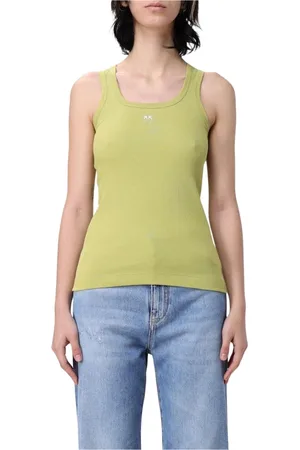 Pinko Tops, Dames, Groen, L, Katoen, Geribbelde Slim Fit Tanktop Wit