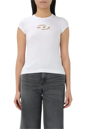 Diesel Tops, Dames, Wit, XS, Katoen, Logo Cutout T-Shirt Wit Vrouw