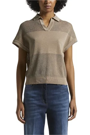 PESERICO SIGN Truien, Dames, Bruin, XL, Katoen, Puur katoenen crêpe tricot poloshirt