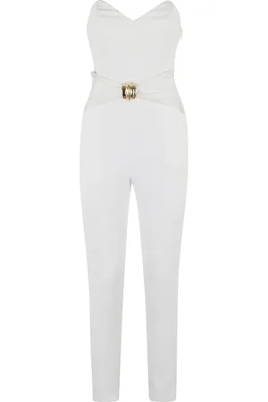 Elisabetta Franchi Jumpsuits & Playsuits, Dames, Wit, M, Polyester, Ivoor Hart Hals Mouwloze Jumpsuit
