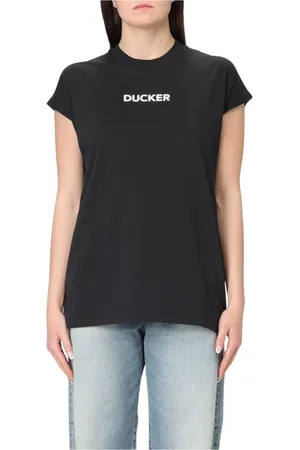 save the duck Tops, Dames, Zwart, L, Stijlvol Grafisch Print T-shirt voor Vrouwen