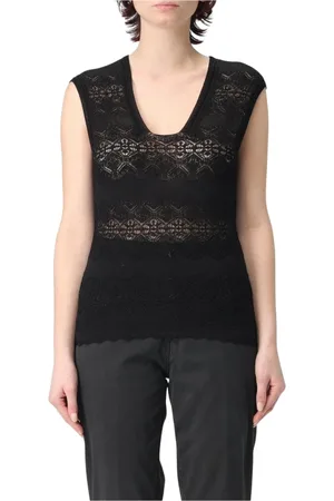 Twin-Set Tops, Dames, Zwart, 2Xl, Witte Kant Mouwloze Top