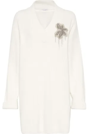Brunello Cucinelli Truien, Dames, Wit, M, Kasjmier, Kasjmier Kralenversierde Jurk