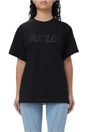 MUGLER Tops, Dames, Zwart, S, Katoen, Logo T-shirt Vrouw Wit