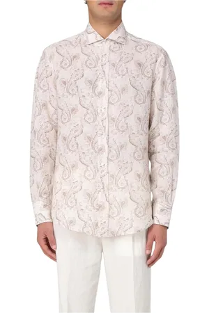 Brunello Cucinelli Overhemden, Heren, Veelkleurig, XL, Linnen, Grijze Paisley Linnen Overhemd
