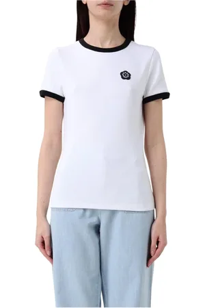 Kenzo Tops, Dames, Wit, XS, Katoen, Zwarte Korte Mouw Geribbelde Tee