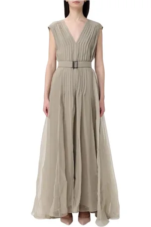 Brunello Cucinelli Kleedjes, Dames, , S, Organza, Grijze Zijden Organza Geplooide Maxi Jurk
