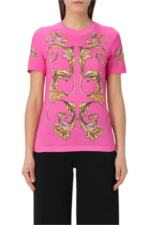 VERSACE Tops, Dames, Roze, S, Katoen, Barok Print Tee Stijlvol Zwart Vrouw