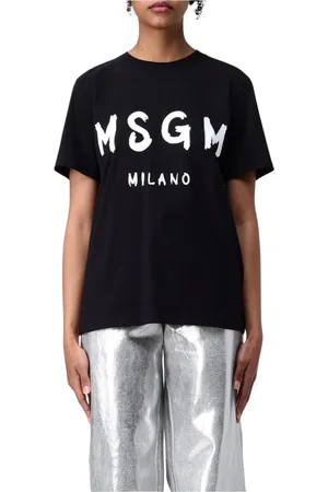 Msgm Tops, Dames, Zwart, S, Katoen, Roze Milano Logo Tee voor vrouwen