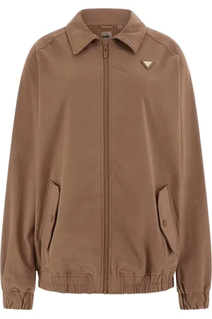 Guess Jassen, Dames, Bruin, 2Xs, Leer, Bruine Kunstleren Jas met Gouden Details