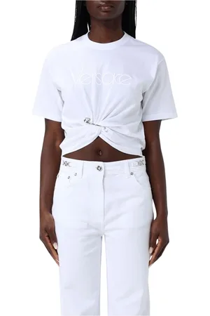 VERSACE Tops, Dames, Wit, 2Xs, Katoen, Roze Geknoopte Zoom T-Shirt