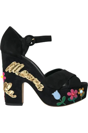 Dolce & Gabbana Schoenen, Dames, Zwart, 39 EU, Suède, Bloemen geborduurde platform sandalen