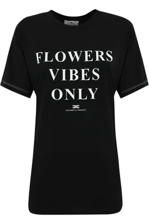 Elisabetta Franchi Tops, Dames, Zwart, M, Satijn, Jersey T-shirt met print en satijnen banden