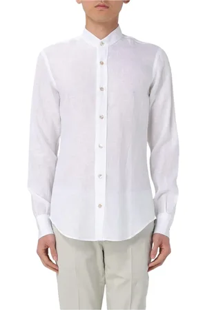 ELEVENTY Overhemden, Heren, Wit, L, Linnen, Witte Mandarin Kraag Shirt