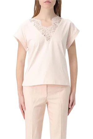 Twin-Set Tops, Dames, Roze, M, Katoen, Witte Kant V-Hals Top