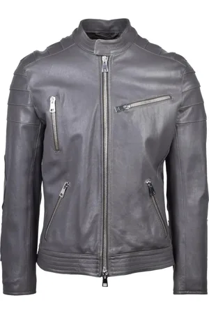Dondup Jassen, Heren, Grijs, XL, Leren Bikerjack met Rits