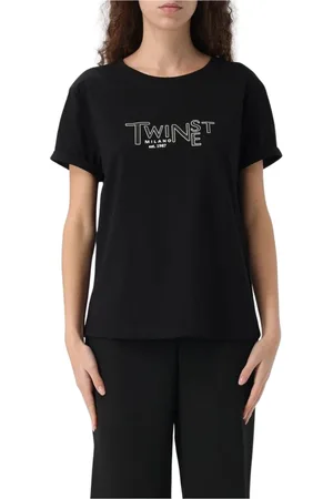 Twin-Set Tops, Dames, Zwart, S, Katoen, Wit Crew Neck T-Shirt