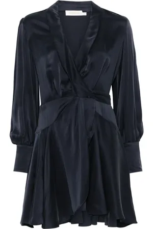 ZIMMERMANN Kleedjes, Dames, Blauw, M, Marineblauwe V-hals jurk met sjaalkraag