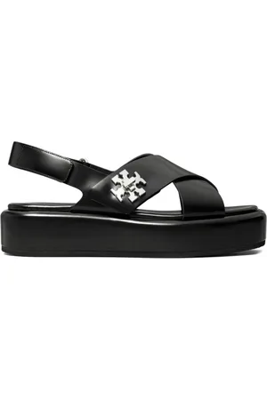 Tory Burch Schoenen, Dames, Zwart, 39 EU, Zwarte sandalen met handtekening monogramplaat