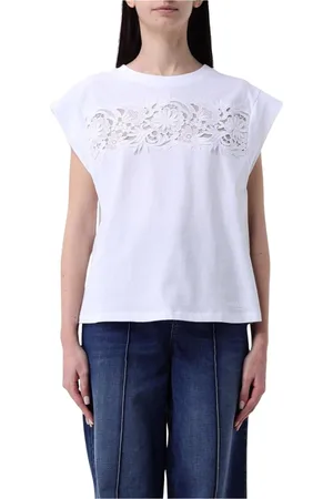 Twin-Set Tops, Dames, Wit, XS, Katoen, Zwart Kant Detail T-Shirt