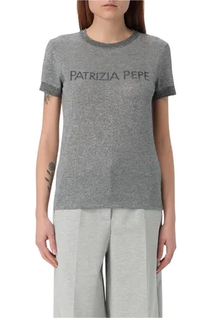 Patrizia Pepe Tops, Dames, Grijs, M, Metallic Gebreid T-shirt Strass Logo