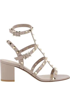 VALENTINO GARAVANI Schoenen, Dames, Roze, 36 EU, Leer, Zwarte Rockstud Lage Hak Sandalen