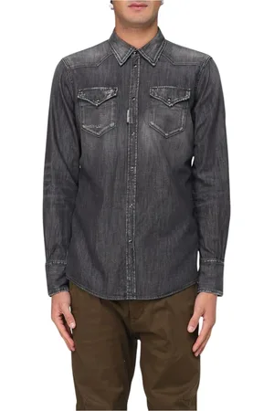 Dsquared2 Overhemden, Heren, Zwart, XL, Denim, Zwarte Distressed Denim Lange Mouw Shirt