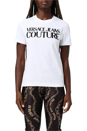 VERSACE Tops, Dames, Wit, XS, Katoen, Elegante Logo Tee voor Vrouwen
