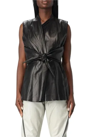 Rick Owens Jassen, Dames, Zwart, S, Leer, Zwarte Stropdas-Taille Mouwloos Vest