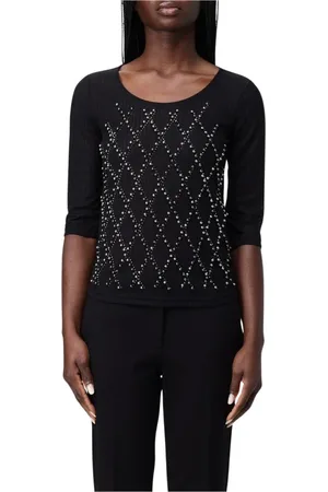 Twin-Set Tops, Dames, Zwart, XS, Witte Geribbelde Gebreide Top met Kralendetail