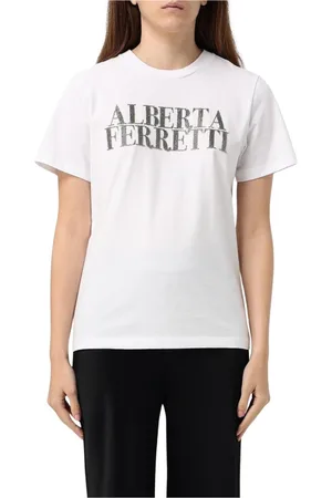 Alberta Ferretti Tops, Dames, Wit, M, Katoen, Zwart Logo Tee, veelzijdig en stijlvol