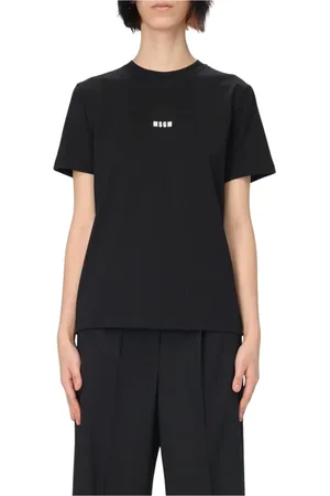 Msgm Tops, Dames, Zwart, M, Katoen, Roze Logo Tee Shirt