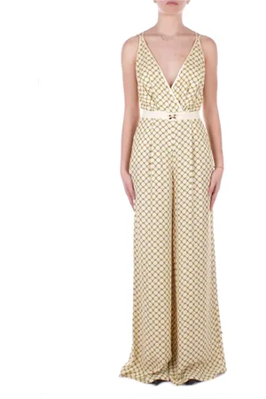 Elisabetta Franchi Jumpsuits & Playsuits, Dames, Geel, L, Polyester, Broek met rits en logo aan de voorkant