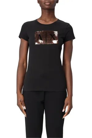 Armani Exchange Tops, Dames, Zwart, M, Katoen, Paillet Logo T-shirt
