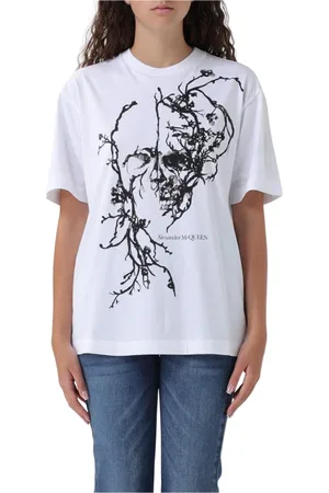 Alexander McQueen Tops, Dames, Wit, S, Katoen, Bloemen schedel T-shirt