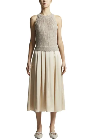 PESERICO SIGN Truien, Dames, Geel, 2Xl, Linnen, Linnen jurk van twee materialen met pailletten