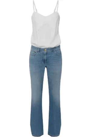 Elisabetta Franchi Jumpsuits & Playsuits, Dames, Veelkleurig, S, Denim, Bloemrijk Geborduurde Jumpsuit met Denim Onderkant