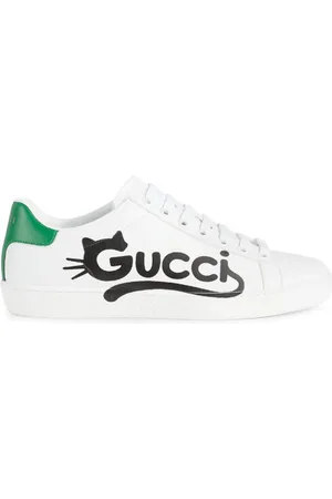 Gucci Schoenen, Dames, Wit, 37 EU, Leer, Kitten-Logo Low-Top Sneakers