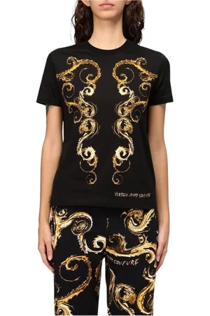 VERSACE Tops, Dames, Zwart, S, Katoen, Barok Print T-shirt voor vrouwen