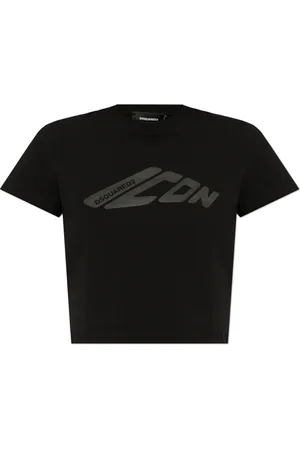 Dsquared2 Tops, Dames, Zwart, M, Katoen, T-shirt met Gedrukt Logo