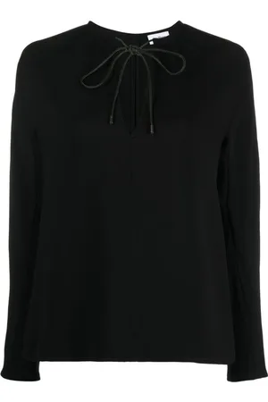 Salvatore Ferragamo Blouses & Shirts, Dames, Zwart, 2Xs, Leer, Lange Mouw Zwarte Top met Geplooide Strikkraag