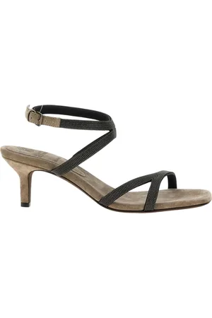 Brunello Cucinelli Schoenen, Dames, Grijs, 38 EU, Grijze Beaded Kitten Heel Sandalen